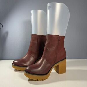 Sun + Stone Lenniip Booties Women 9.5 Mahogany New Platform Block Heel Lug Sole‎